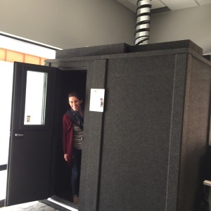 Lauren calling me into the sound proof booth.
