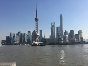 The Pearl is the building with the round bulb. The building to the right in now the tallest in Shanghai. It was not yet open. 