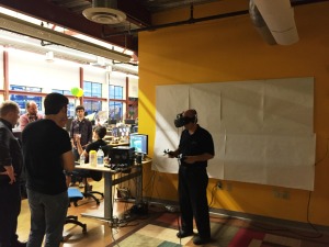 Walking around and taking action in a VR learning environment.